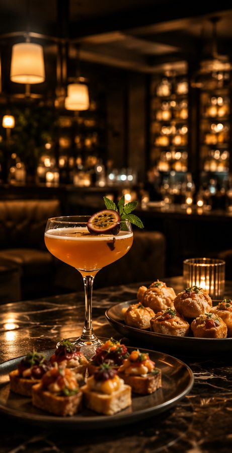 Cocktails and small plates on a marble bar table
