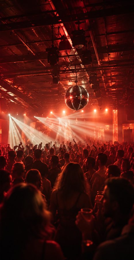 A packed club under red lights and a mirror ball