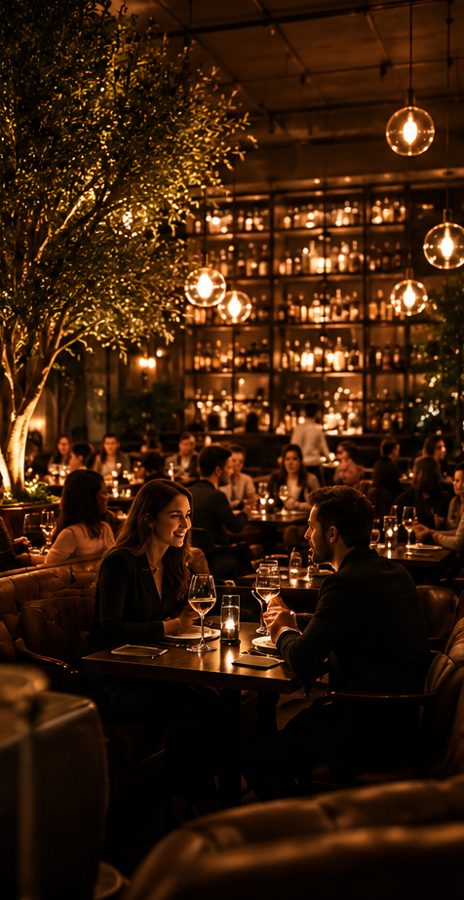 Diners at candlelit tables in a busy Italian restaurant