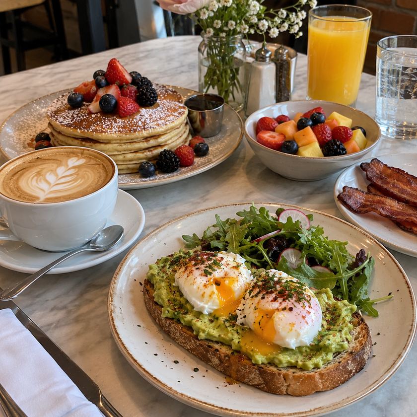 Brunch on a marble table: avocado toast with poached eggs, berry pancakes and a latte