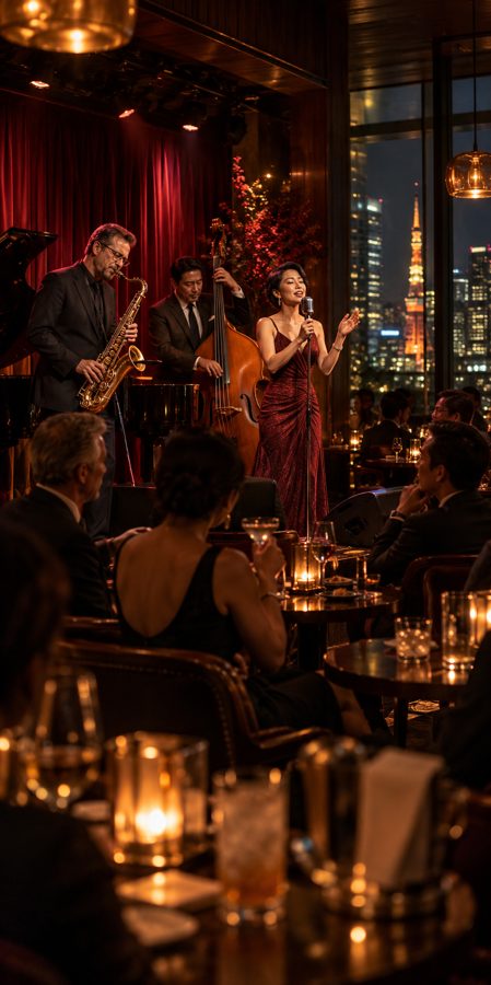 A jazz band and singer playing to a candlelit room
