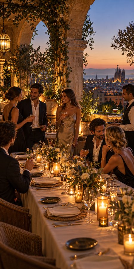 A group dining on a candlelit rooftop terrace at sunset