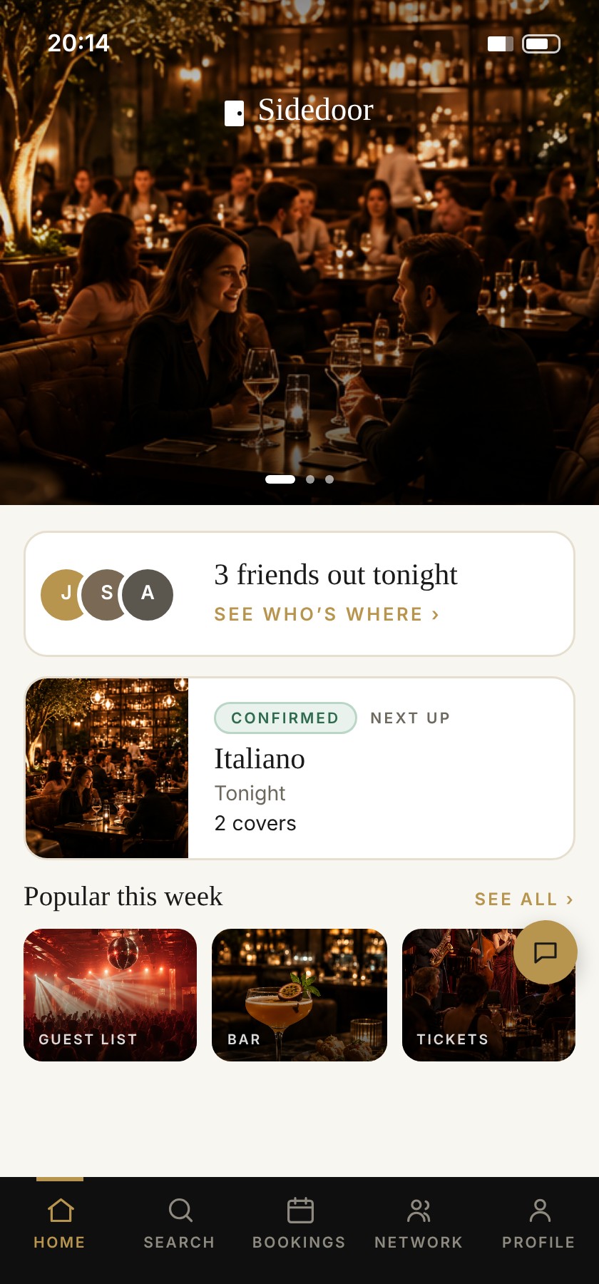 Sidedoor app home: featured venue, friends out tonight and your next booking