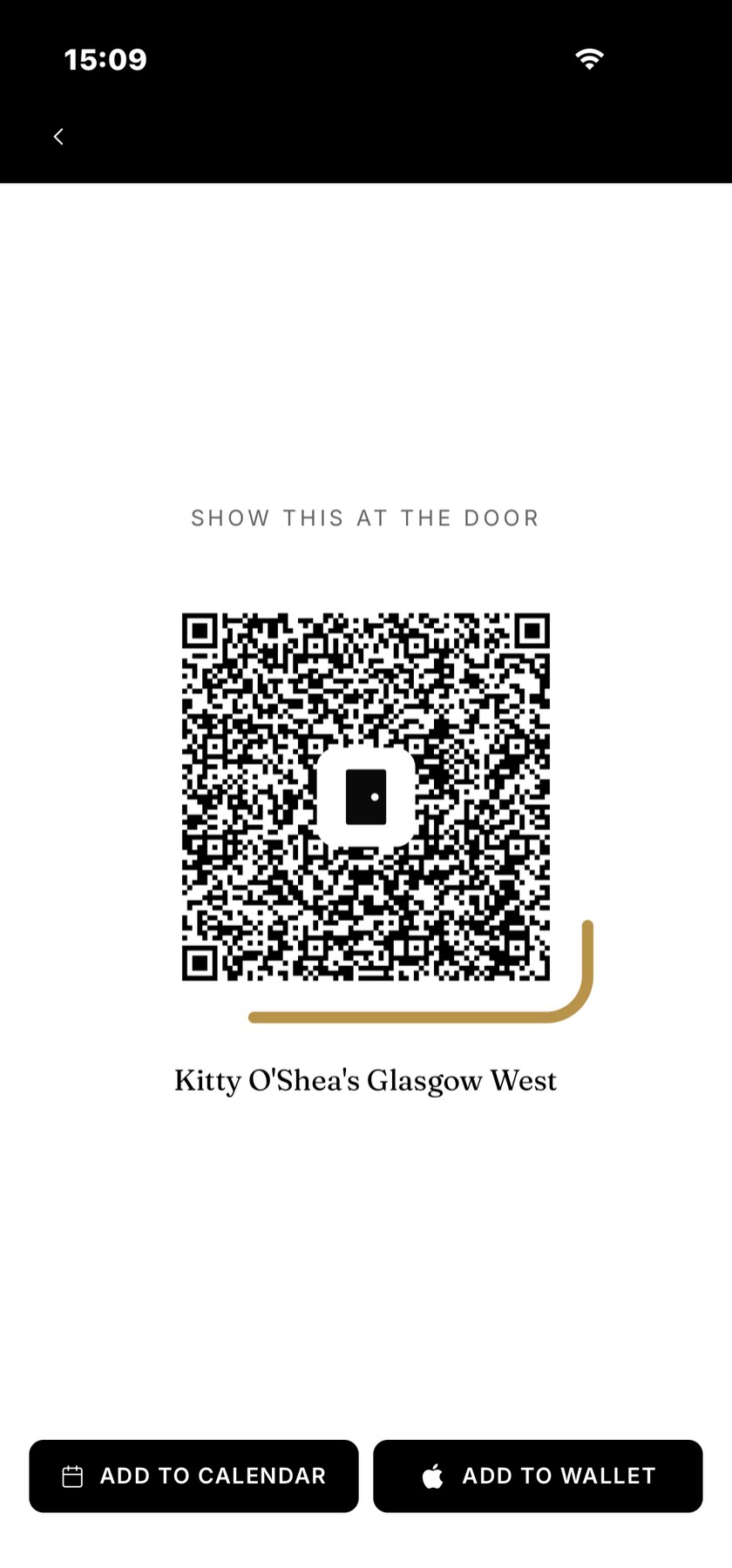 Sidedoor app: QR code to show at the door, with Add to calendar and Add to wallet
